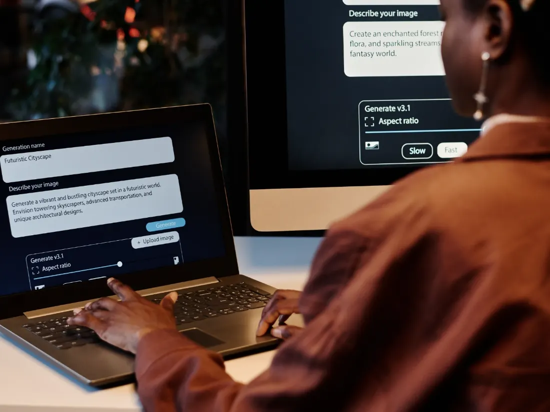 A person working with an AI tool across a laptop and a desktop screen