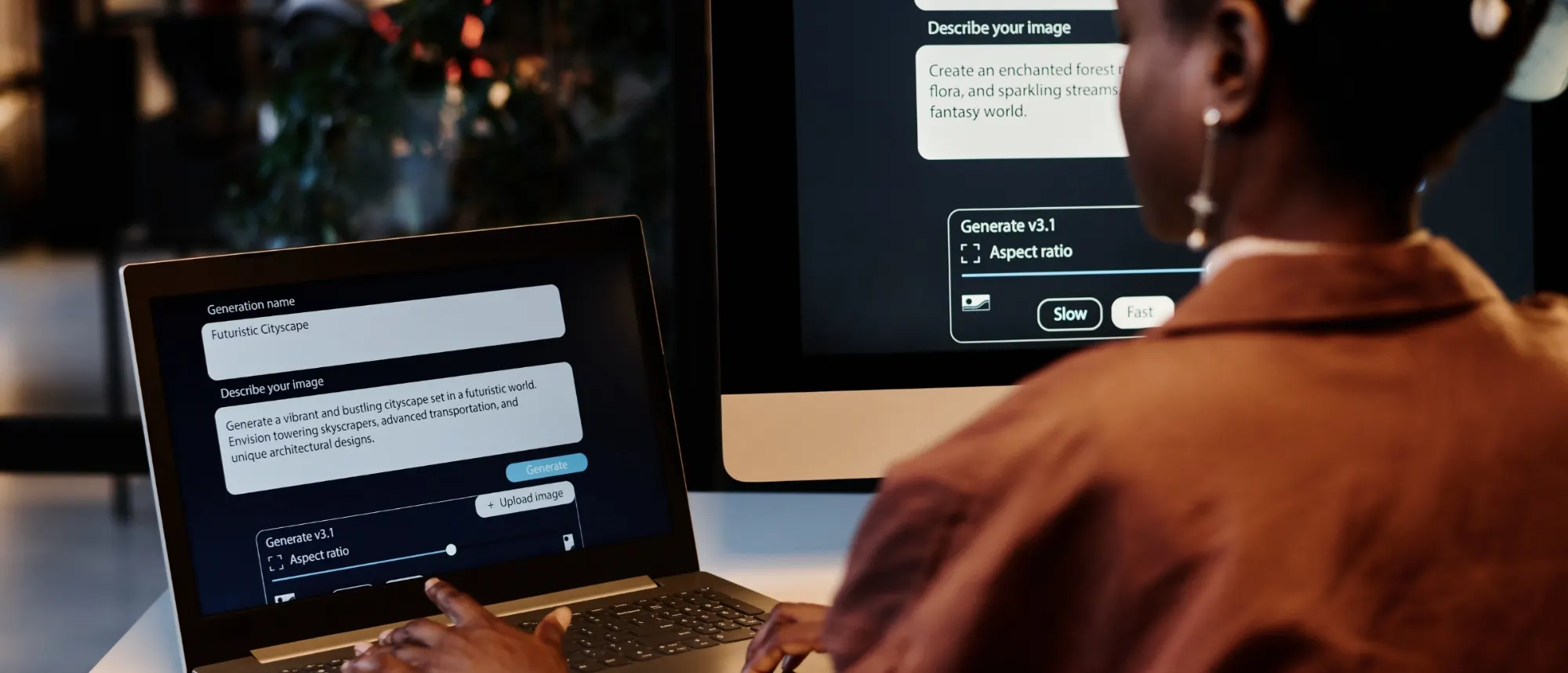 A person working with an AI tool across a laptop and a desktop screen
